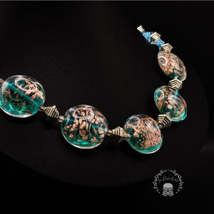 Chunky Rose Gold Foil Blue Green Art Glass Necklace Murano Style Mermaidcore